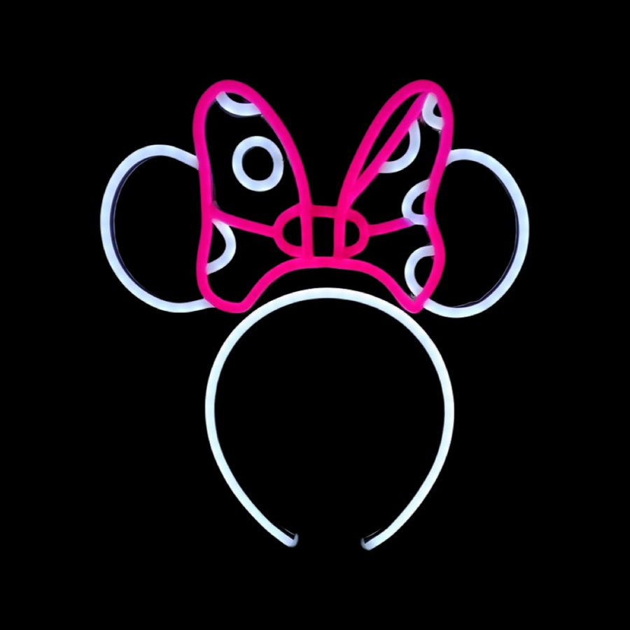 Polka-Dot Bow Ears neon headband glowing against a dark background