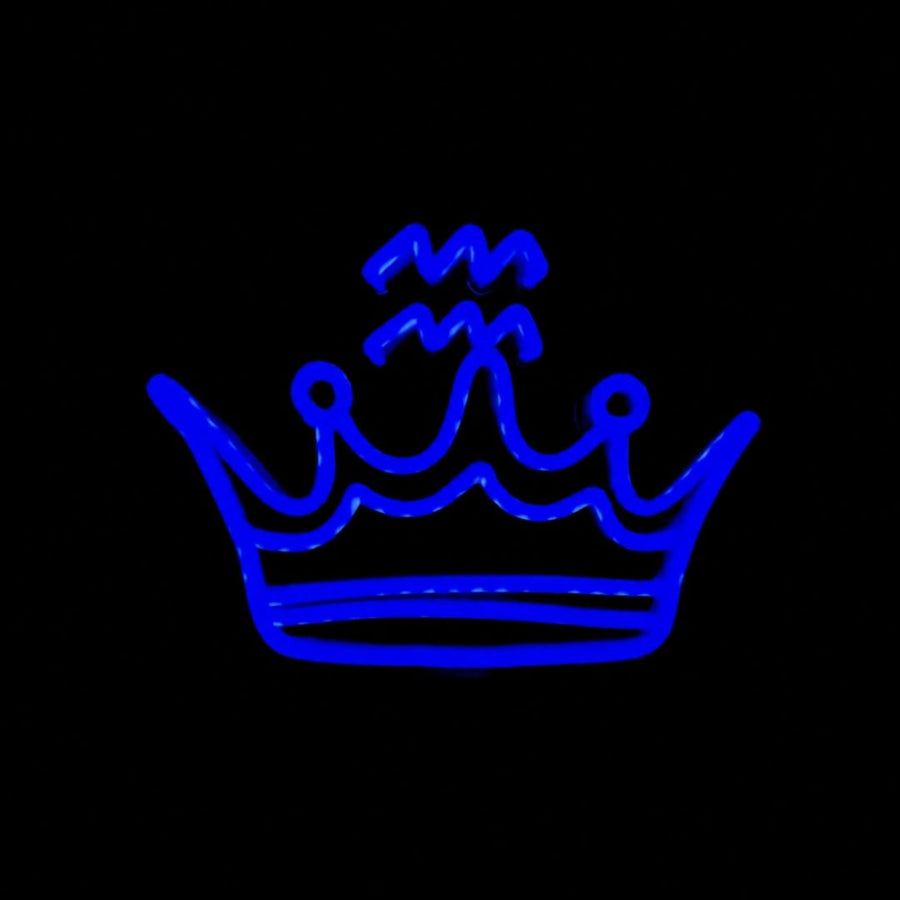 Aquarius neon headband glowing against a dark background