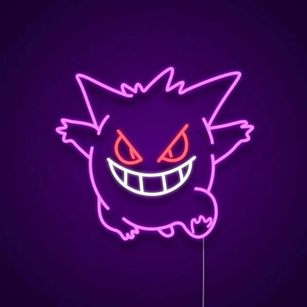 Gengar neon sign with purple outline and red eyes