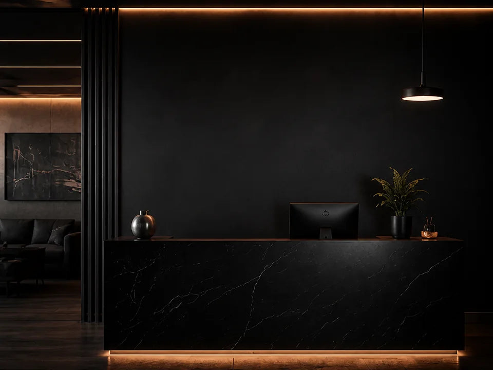 Dark reception area used to illustrate a custom brand sign