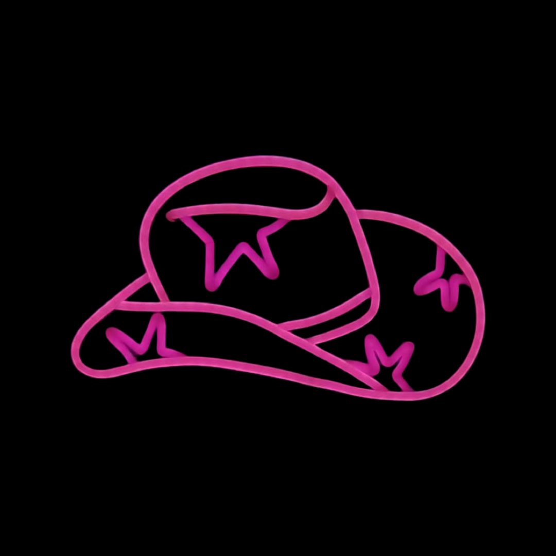 Rodeo Star Cowboy Hat neon headband glowing against a dark background