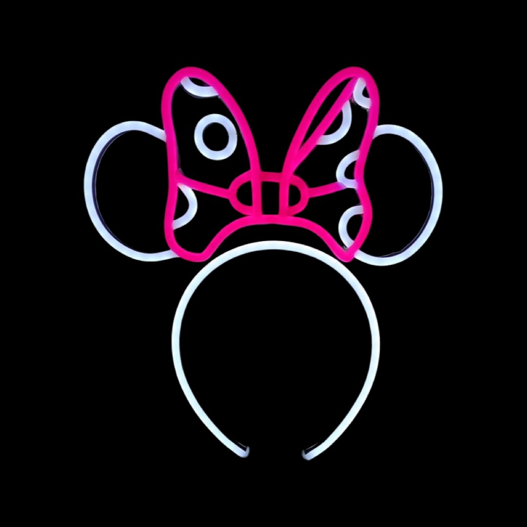 Polka-Dot Bow Ears neon headband glowing against a dark background